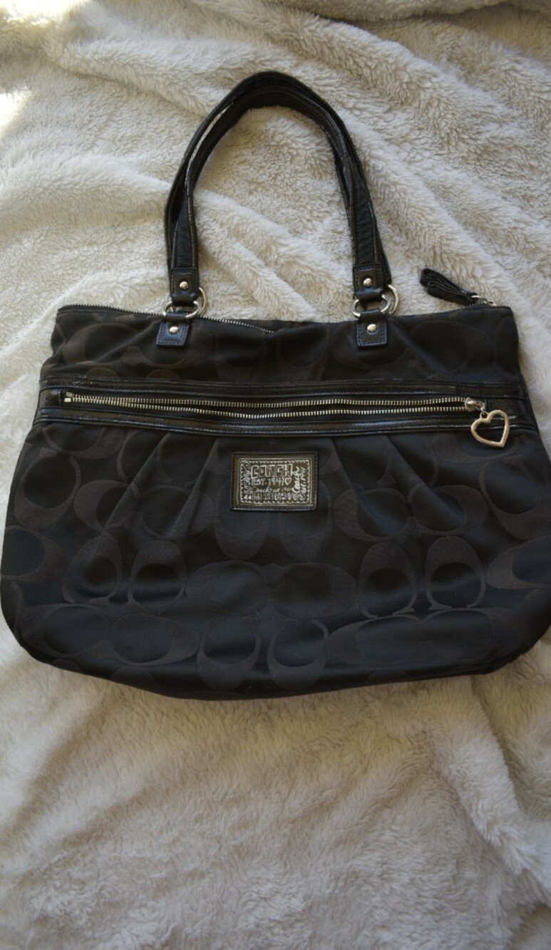Coach Rare Poppy Black Signature Jacquard Tote with Heart Charm